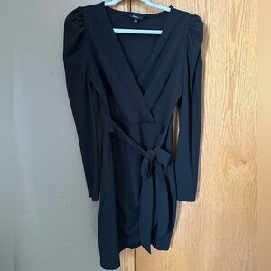 Black Vneck Wrap Puff Sleeve Dress